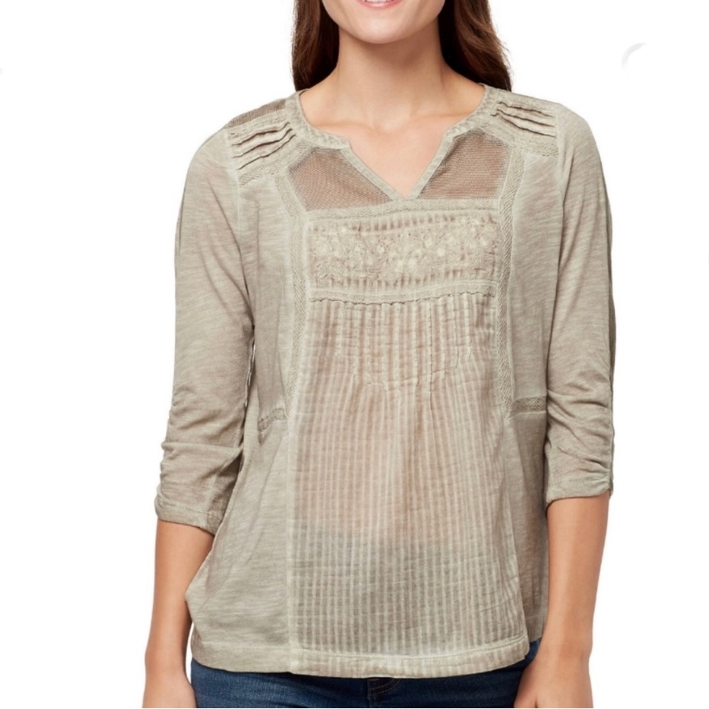 VINTAGE AMERICA 3/4 Sleeve, Boho Embroidered Top, Woven Inserts, Gathers, Small